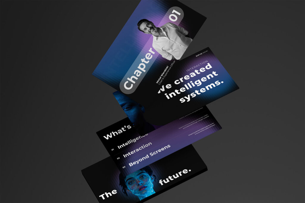 Makieta 3D przedstawiająca cztery lewitujące slajdy prezentacji biznesowej w stylu premium dark mode – B4theshow