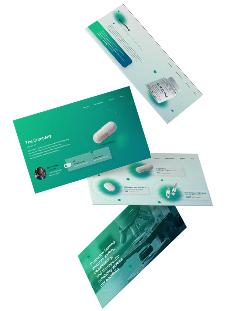 Zestaw lewitujących slajdów w makiecie 3D – profesjonalna prezentacja biznesowa i pitch deck dla branży farmaceutycznej oraz medycznej w portfolio B4theshow